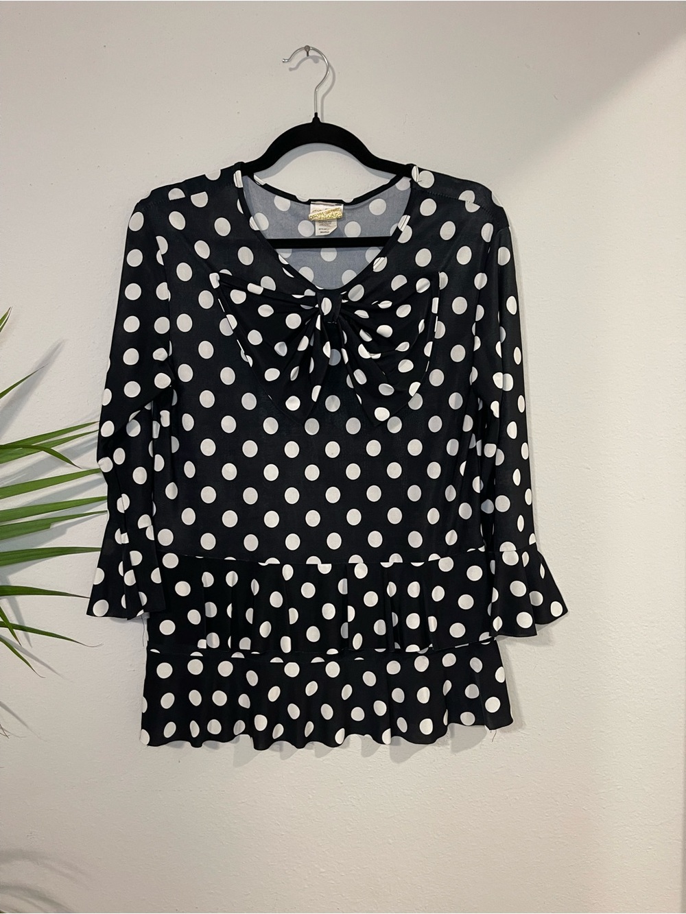 Black & White Polka Dot Bow-Front Ruffle Blouse